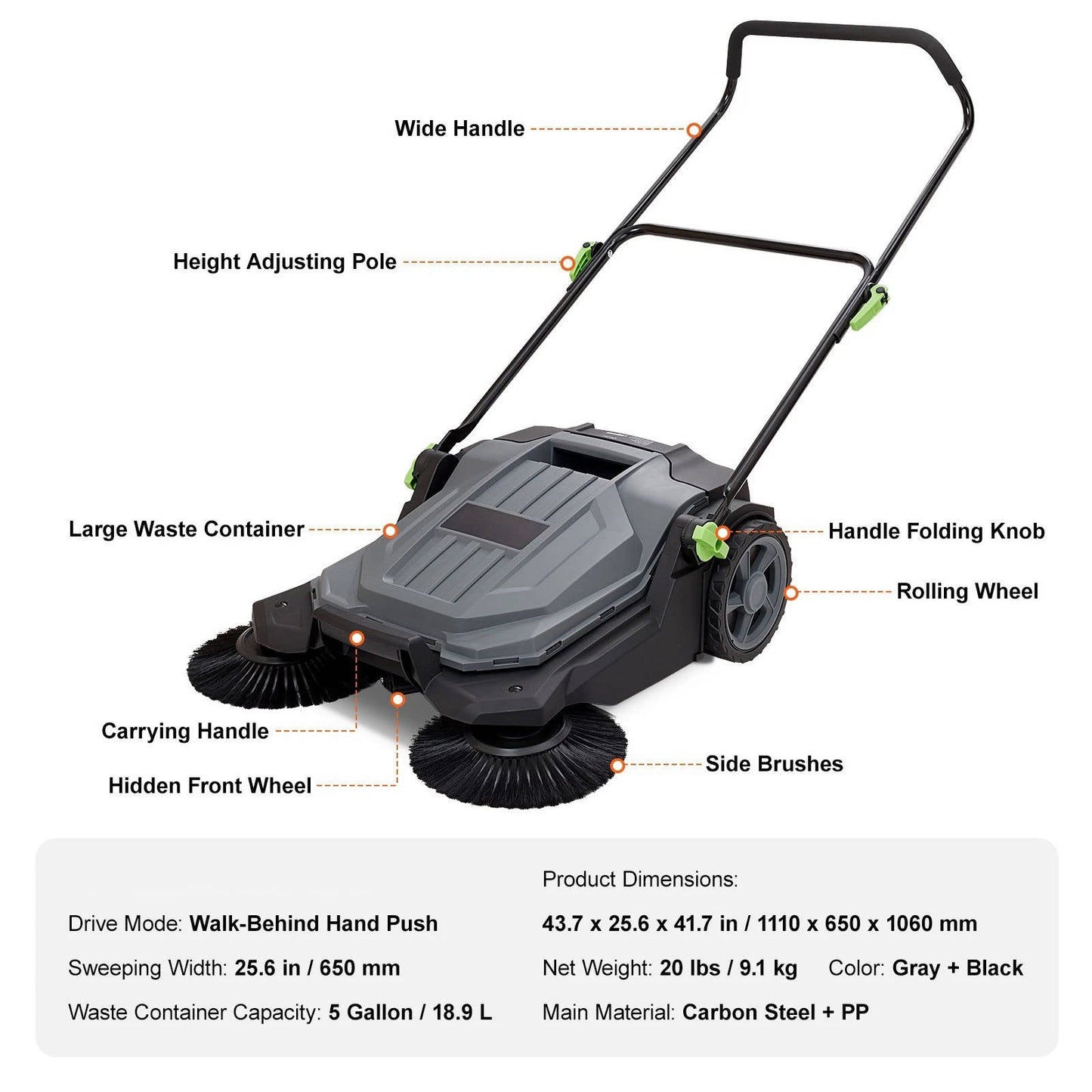 Efficient Floor Sweeper | 25.6 Manual Push Sweeper with 5 Gallon Container | Ideal for Driveways and Warehouses 7