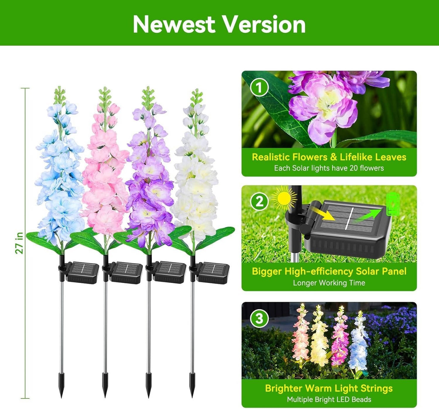 4 Pack Upgraded Delphinium Solar Garden Lights Alvore