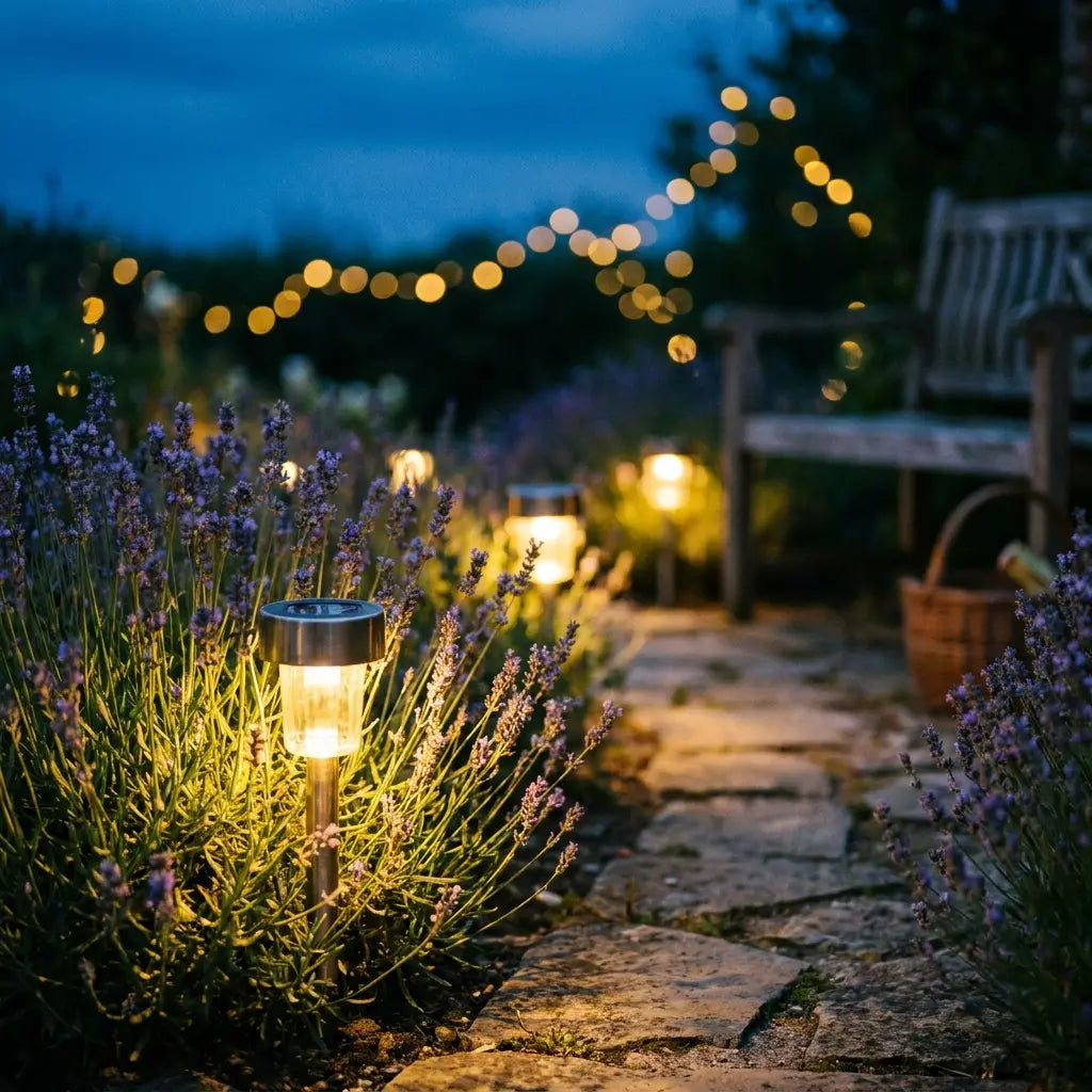 Solar pathway lights glowing along a lavender-lined garden path at dusk