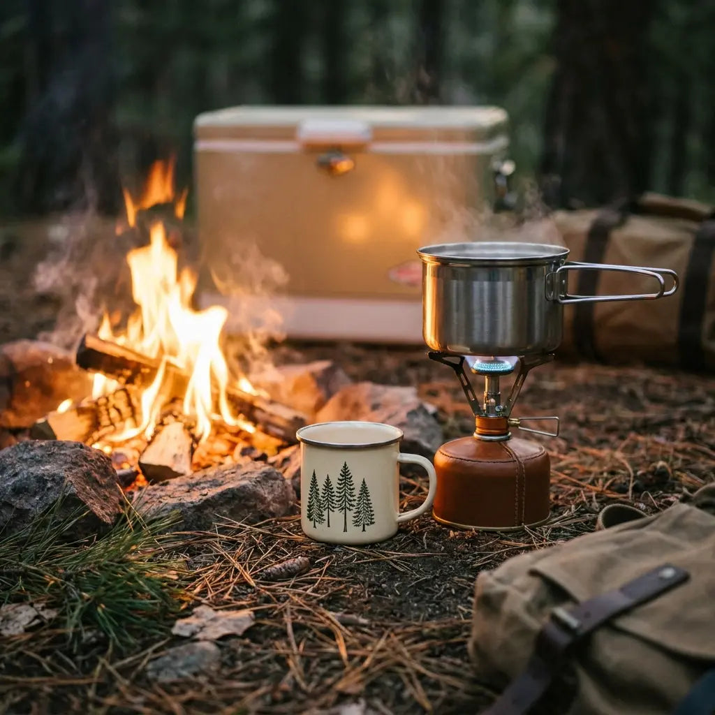 Camping stove and pot beside a campfire at a dusk campsite
