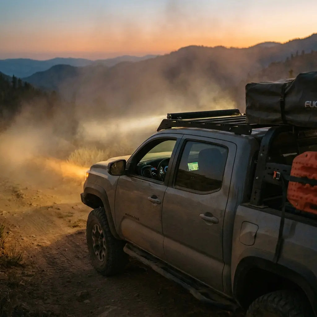 LED light bar on a 4x4 truck lighting a dirt trail at dusk