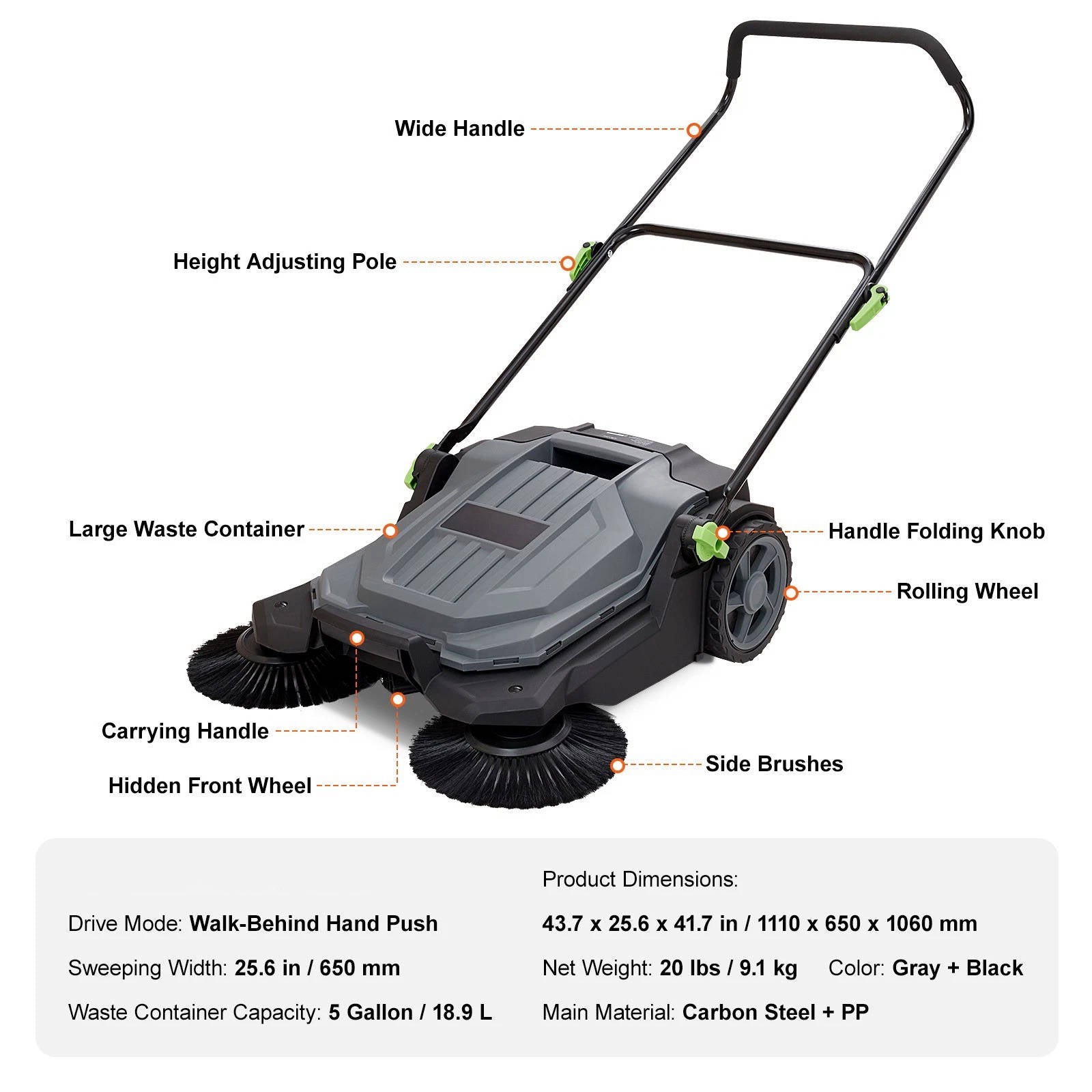 Efficient Floor Sweeper | 25.6 Manual Push Sweeper with 5 Gallon Container | Ideal for Driveways and Warehouses 7