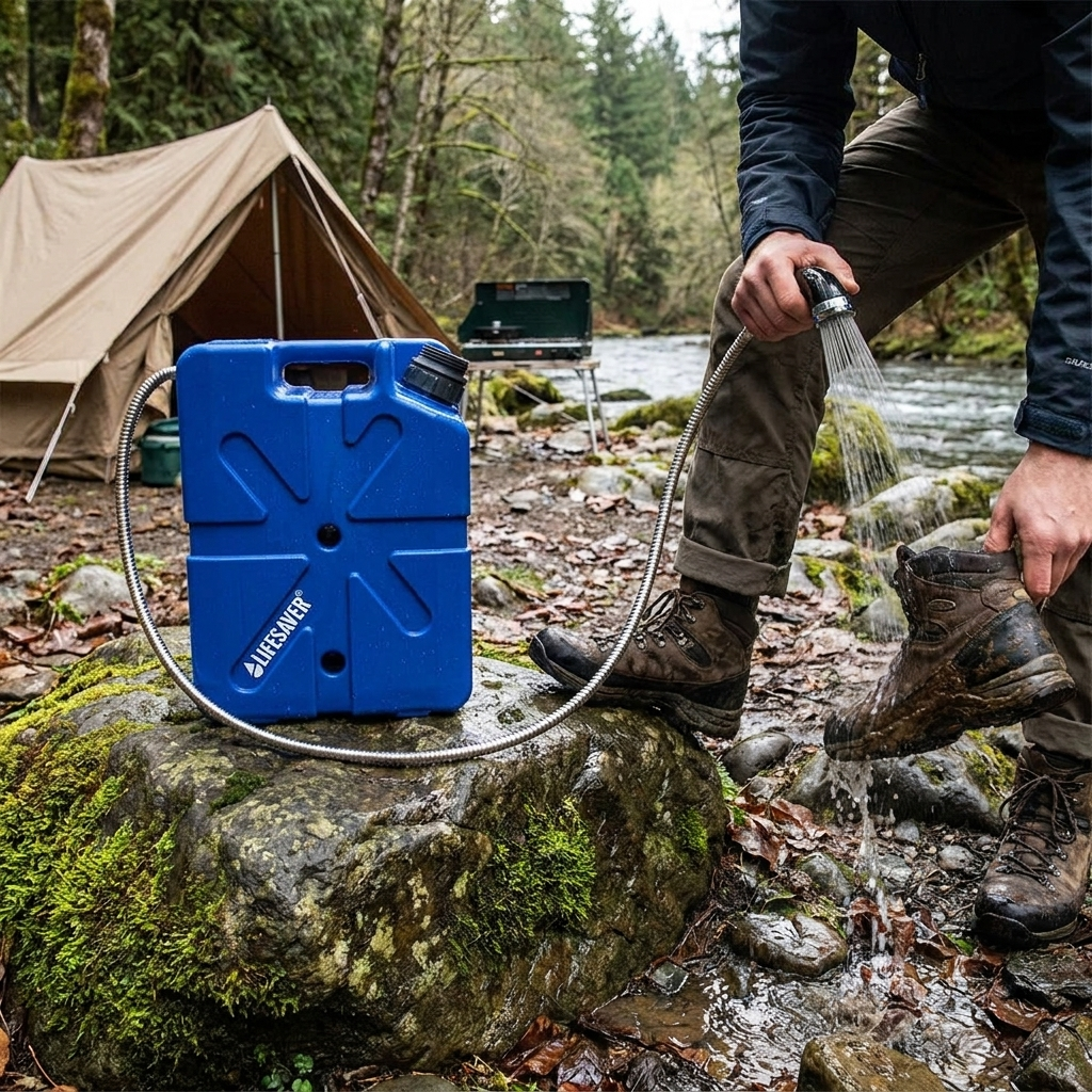 Jerrycan Shower Attachment in use