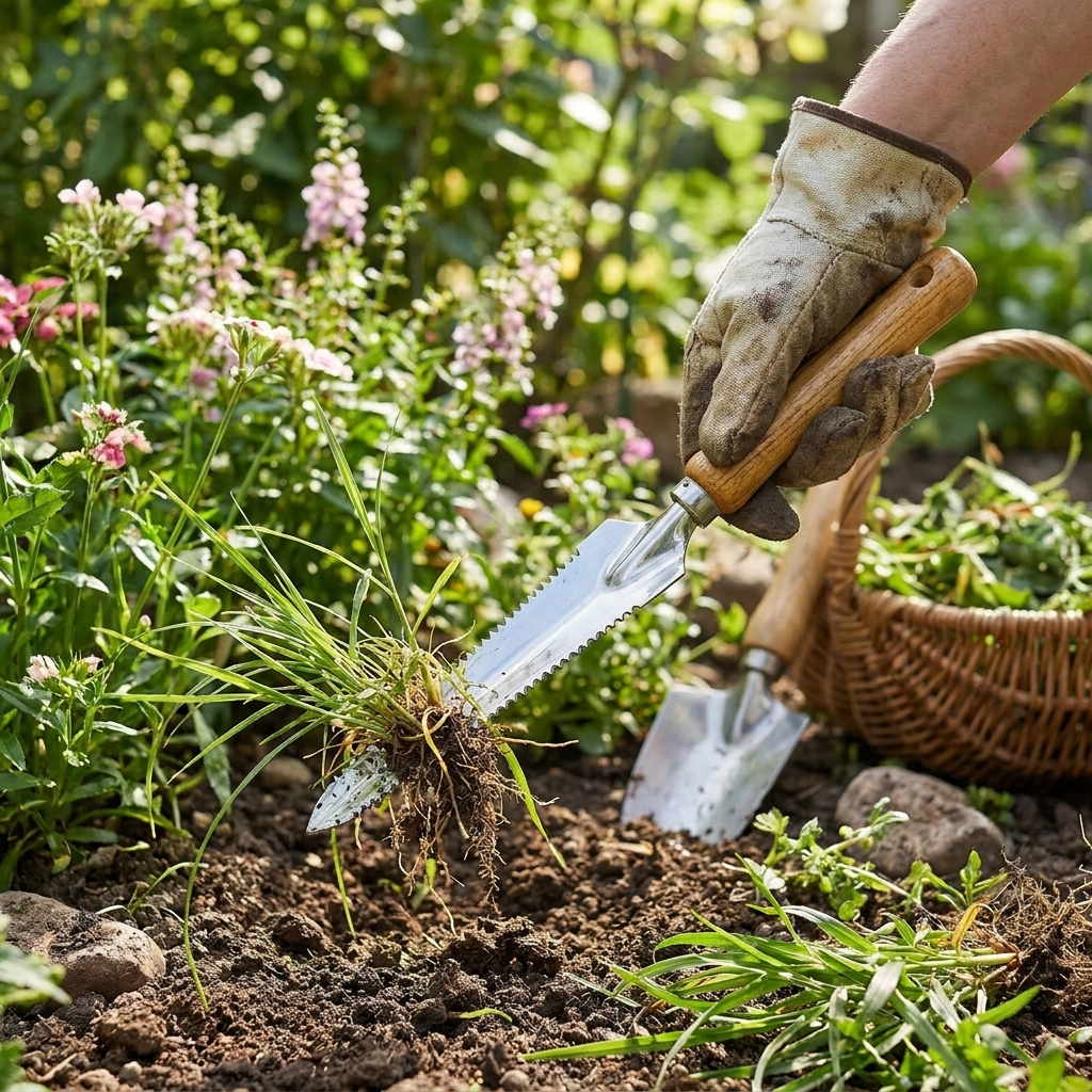 5-in-1 stainless steel weed puller in use