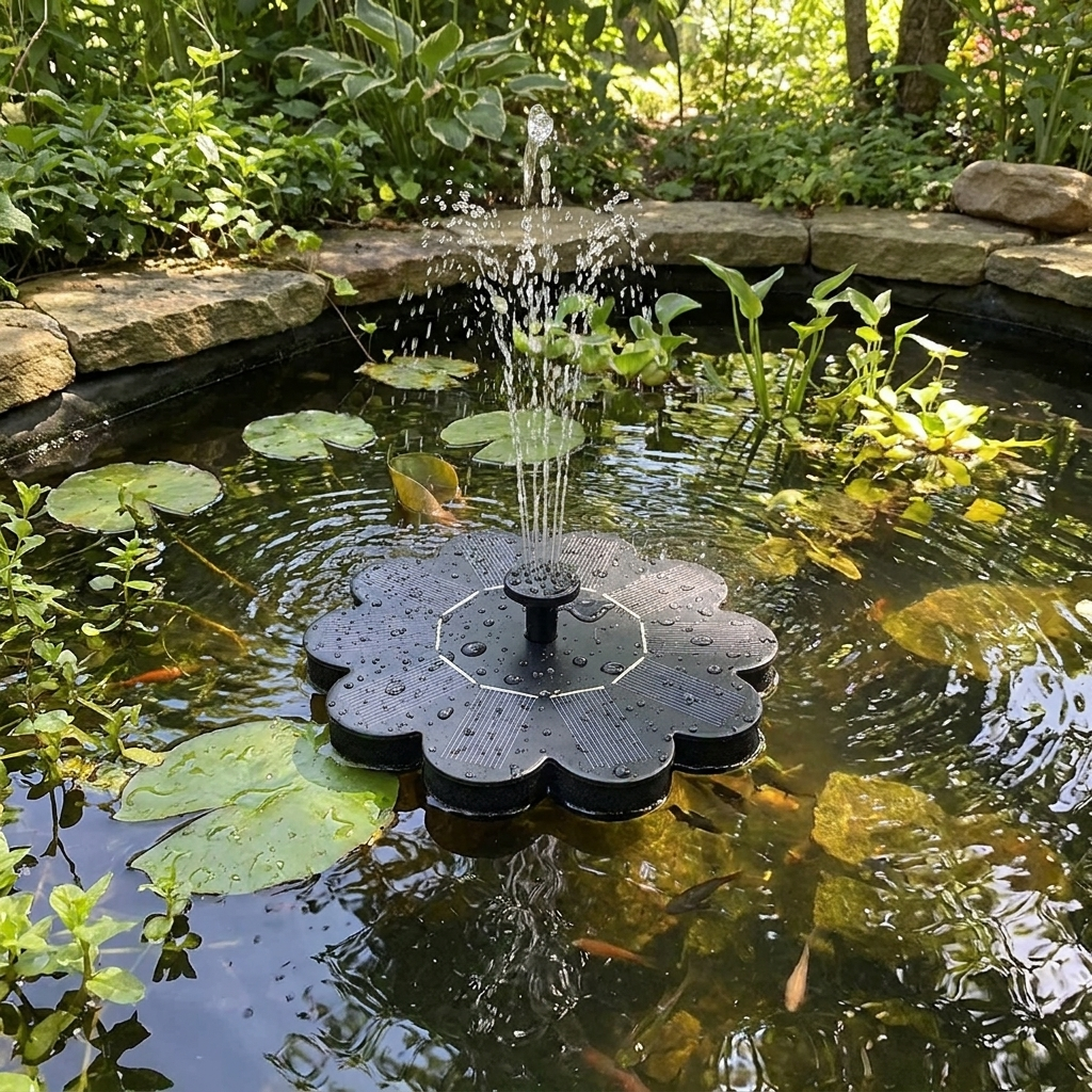 Flower-shaped water fountain in pond