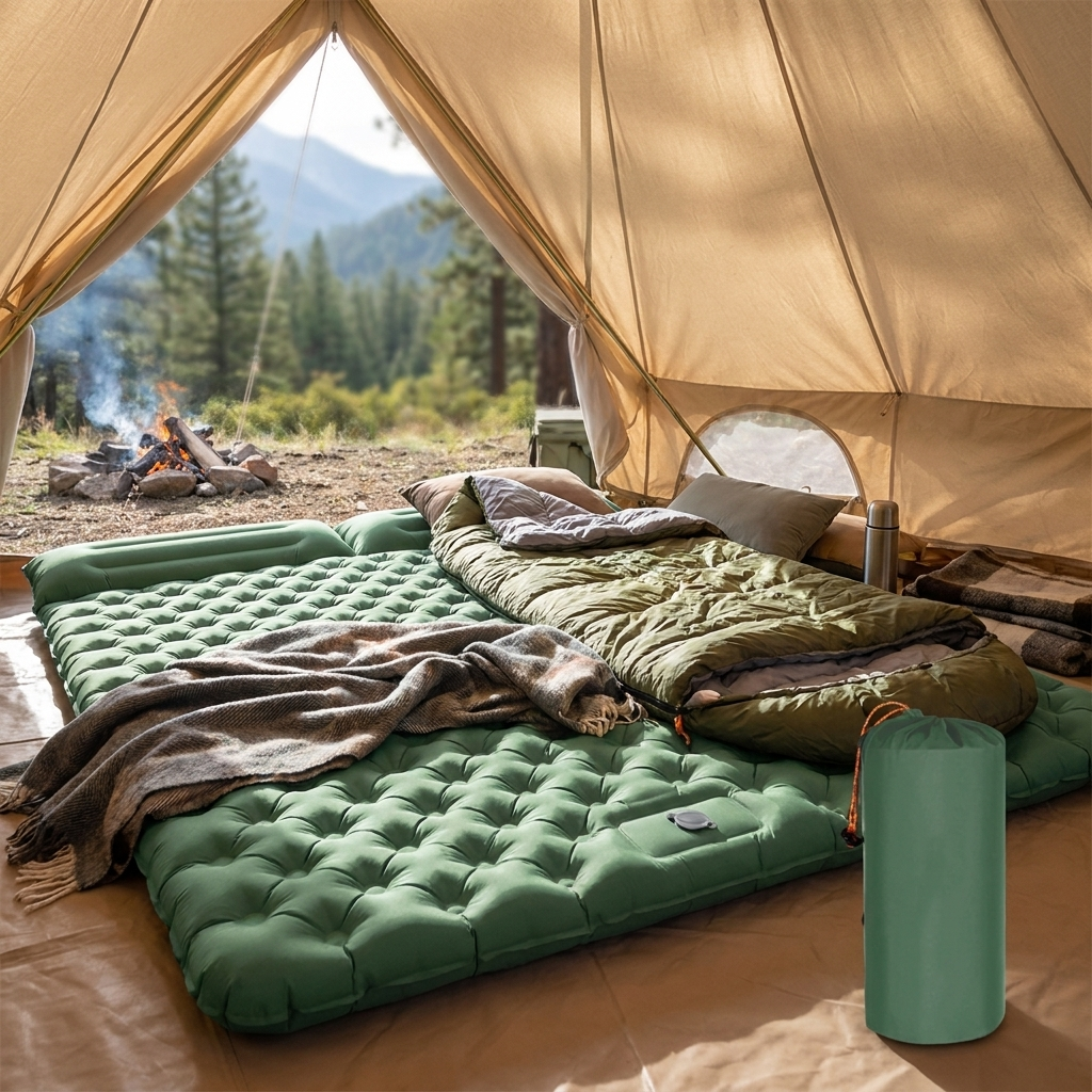 Self Inflatable Air Mattress, Double Camping Bed with Integrated Pillows lifestyle