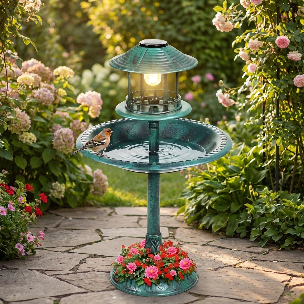 Solar-Powered Bird Bath on Stand with Built-In Planter and LED Lamp lifestyle