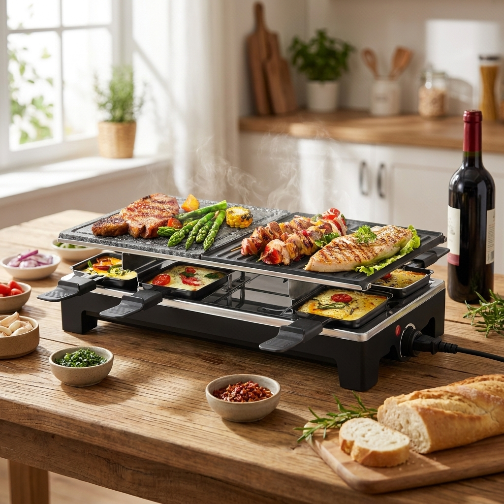 Electric Grill with Reversible Non-Stick Plate and Raclette Trays for Indoor Cooking lifestyle