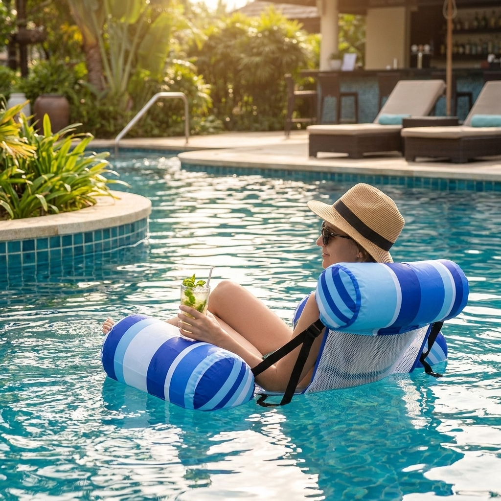 Inflatable Pool Float Chair with Mesh Seat and Adjustable Straps, 250lb Capacity lifestyle